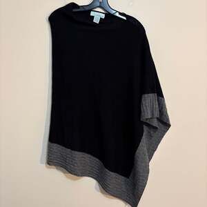 Celeste Poncho Womens One Size Black Wool Cashmere Blend Knit Gray Border